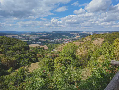 view of farmland and a city